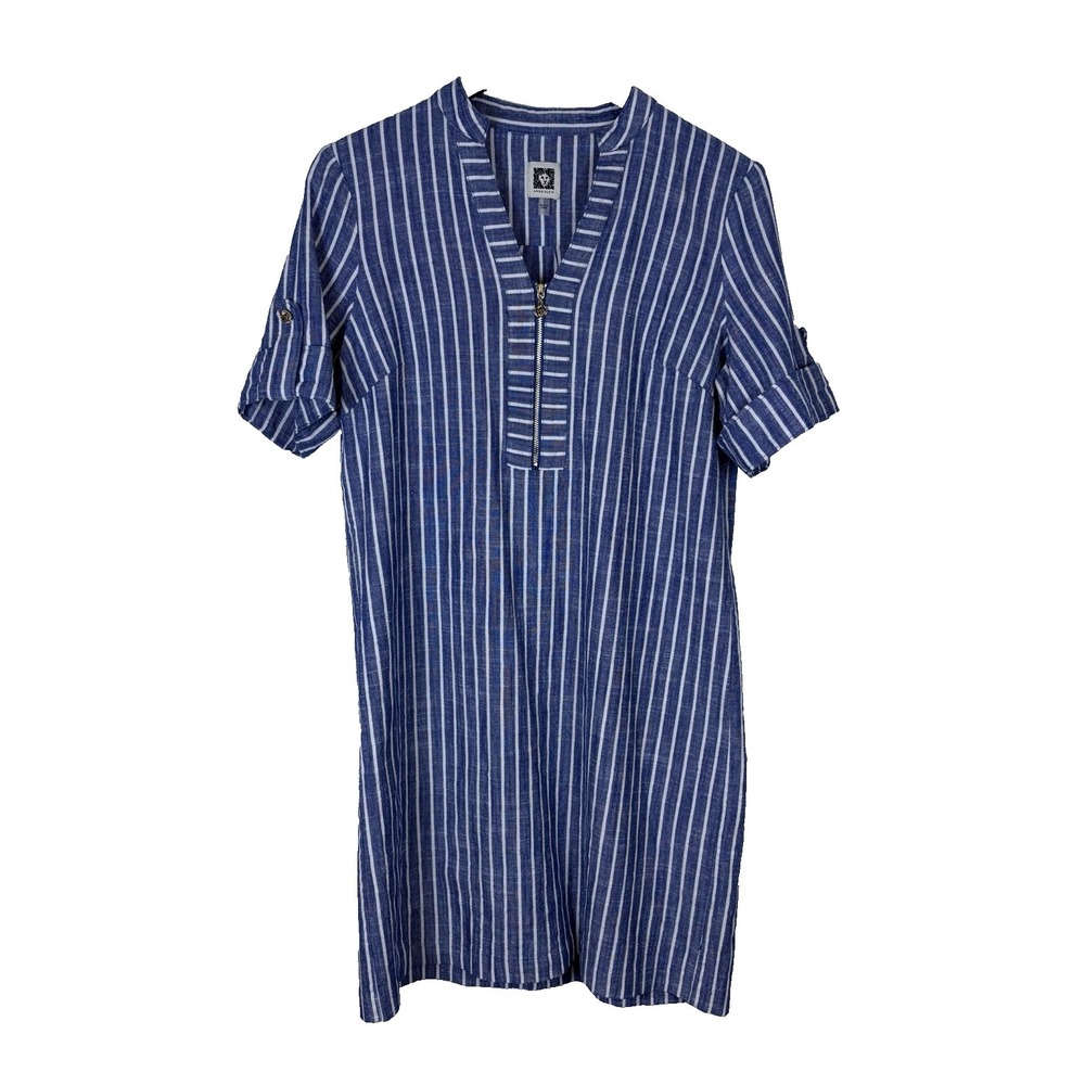 Anne Klein Navy White Striped V-neck Shift Dress, Sz 4, Gold Zipper Nautical